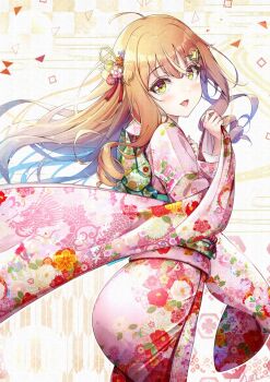 Rule 34 | 1boy, ahoge, ass, back bow, bow, crossdressing, crossdressing (mtf), floating hair, floral print, floral print kimono, flower, green bow, green sash, hair flower, hair ornament, highres, japanese clothes, kanzashi, kimono, light blush, long hair, long sleeves, looking back, male focus, natsusora wakana, novady, obi, open mouth, orange hair, original, pink kimono, print kimono, sash, smile, star (symbol), star hair ornament, trap, wide sleeves, yellow eyes