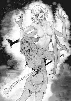 2girls arthropod_girl blood blood_from_mouth blood_on_body blood_on_clothes blood_on_leg breasts dress dungeon_ni_deai_wo_motomeru_no_wa_machigatteiru_darou_ka extra_arms grabbing_another&#039;s_hand greyscale hand_on_another&#039;s_cheek hand_on_another&#039;s_face highres impaled injury insect_girl looking_at_viewer medium_breasts missing_eye monochrome monster_girl multiple_girls navel no_nipples novel_illustration nude official_art one_breast_out open_mouth parted_lips short_hair spider_girl stab staff stomach third-party_source torn_clothes torn_dress yasuda_suzuhito