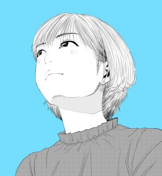 Rule 34 | 1girl, blue background, commentary request, eyelashes, from below, greyscale with colored background, highres, lee (dragon garou), light blush, light smile, long bangs, looking up, original, portrait, profile, short hair, sideburns, solo