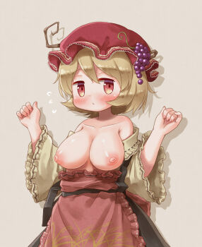1girl aki_minoriko apron arinu beige_background blonde_hair breasts cleavage collarbone commentary_request flying_sweatdrops food food-themed_hair_ornament fruit grape_hair_ornament grapes hair_ornament half-closed_eyes hat highres looking_at_viewer medium_breasts mob_cap nipples red_apron red_eyes red_hat shirt_down short_hair simple_background solo touhou wide_sleeves
