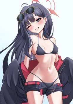 1girl absurdres bikini black_hair blue_archive breasts chef_rat commentary_request halo highres ichika_(blue_archive) ichika_(swimsuit)_(blue_archive) jacket long_hair looking_at_viewer medium_breasts navel official_alternate_costume revision simple_background smile solo stomach swimsuit wings