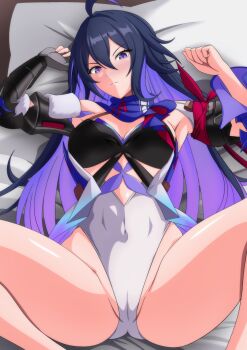 1girl ahoge armpits blue_eyes blue_hair blue_scarf blush breasts cameltoe closed_mouth covered_navel highleg highleg_leotard highres honkai:_star_rail honkai_(series) large_breasts leotard long_hair looking_at_viewer lying makiri_akira on_back scarf seele_(honkai:_star_rail) solo spread_legs thighs white_leotard