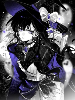 1girl alternate_costume artist_request black_background bow brooch cape commission dress ghost grin hand_up hat hat_bow highres isolde_(reverse:1999) jewelry long_hair looking_at_viewer partially_colored purple_cape purple_eyes reverse:1999 second-party_source smile solo upper_body witch_hat