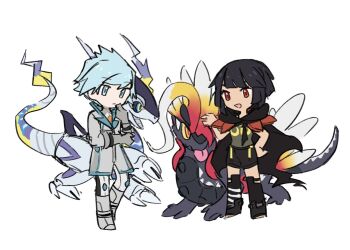 1boy 1girl :d aqua_eyes black_cape black_hair black_shorts black_thighhighs blue_hair boots cape chibi chibi_only closed_mouth coat expressionless gloves grey_boots grey_coat grey_gloves highres koraidon looking_down miraidon nintendo official_alternate_color official_alternate_costume open_mouth pants pokemon pokemon_(creature) pokemon_masters_ex red_eyes shirt short_hair shorts smile standing steven_stone steven_stone_(sygna_suit) thighhighs xlii_idk zinnia_(pokemon)