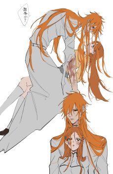 1boy 1girl black_sclera bleach blood blood_on_arm blush breasts colored_sclera couple dress grey_skirt hair_between_eyes hair_ornament hair_over_one_eye hetero highres inoue_orihime kurosaki_ichigo long_hair medium_breasts mozukurinn orange_eyes orange_hair parted_lips robe school_uniform shirt skirt snowflake_hair_ornament socks sweatdrop white_background white_dress white_robe white_socks yellow_shirt