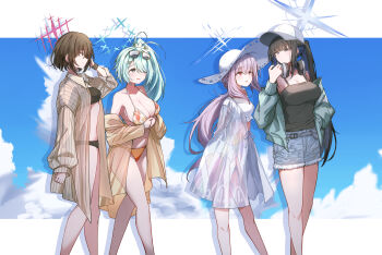4girls :d absurdres aqua_hair arius_squad_(blue_archive) atsuko_(blue_archive) atsuko_(swimsuit)_(blue_archive) bare_shoulders baseball_cap bikini black_bikini black_camisole black_hair blue_archive blue_eyes blue_halo blue_sky breasts brown_eyes brown_hair camisole cleavage cloud commentary denim denim_shorts eyewear_on_head feet_out_of_frame floral_print floral_print_bikini green_jacket hair_ornament hairclip halo hand_in_pocket hand_up hat headphones headphones_around_neck highres hiyori_(blue_archive) hiyori_(swimsuit)_(blue_archive) jacket kiyakyuu large_breasts long_hair long_sleeves medium_breasts misaki_(blue_archive) misaki_(swimsuit)_(blue_archive) multiple_girls off_shoulder official_alternate_costume open_mouth orange_bikini pinstripe_pattern ponytail print_bikini purple_hair red_eyes red_halo saori_(blue_archive) saori_(swimsuit)_(blue_archive) see-through_clothes see-through_jacket short_hair shorts side_ponytail sky smile sunglasses swimsuit white_bikini white_hat white_jacket yellow_jacket