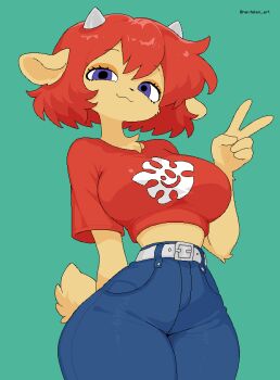 1girl absurdres animal_ears animal_nose belt blue_eyes breasts closed_mouth colored_skin cropped_shirt denim furry furry_female highres jeans lammy_(um_jammer_lammy) large_breasts looking_at_viewer nevtelen orange_skin pants parappa_the_rapper red_hair red_shirt sheep_ears sheep_girl sheep_tail shirt short_hair simple_background smile solo tail um_jammer_lammy v white_belt