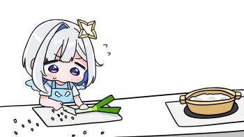 1girl amane_kanata apron blue_apron blue_hair blue_shirt blue_wings blush_stickers chibi cutting_board flying_sweatdrops grey_hair highres holding holding_knife hololive knife mochimiko multicolored_hair purple_eyes shirt short_sleeves simple_background single_hair_intake small_sweatdrop solo spring_onion sweat two-tone_hair v-shaped_eyebrows virtual_youtuber white_background white_wings wings