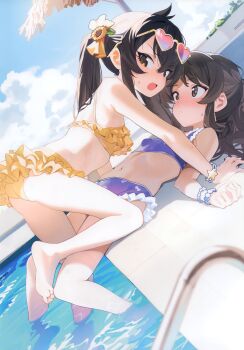 2girls absurdres ass barefoot bikini black_hair blue_sky blush bracelet brown_eyes cloud cumulonimbus_cloud djheycha flat_chest frilled_bikini frills heart heart-shaped_eyewear highres idolmaster idolmaster_cinderella_girls jewelry loli looking_at_another looking_at_viewer matoba_risa multiple_girls navel non-web_source open_mouth outdoors pool scan sky sunglasses sunlight swimsuit tachibana_arisu twintails water yuri
