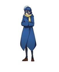 Rule 34 | 1girl, blue eyes, blue hair, blue hat, blue robe, brown footwear, character request, eyepatch, facial mark, full body, hair between eyes, hat, highres, long sleeves, mashle, official art, robe, solo, tachi-e