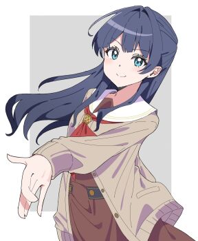 >:) 1girl blue_eyes blue_hair border brown_cardigan brown_dress cardigan closed_mouth commentary cowboy_shot dress floating_hair grey_background half_updo hasu_no_sora_school_uniform highres kai_(shell) link!_like!_love_live! long_hair long_sleeves looking_at_viewer love_live! murano_sayaka neckerchief open_cardigan open_clothes outside_border pleated_dress red_neckerchief sailor_collar sailor_dress school_uniform simple_background smile solo split_mouth v-shaped_eyebrows virtual_youtuber white_border white_sailor_collar winter_uniform