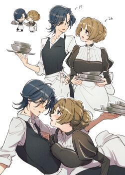 Rule 34 | 2girls, 404no2929, apron, black dress, black hair, black vest, blush, bowl, brown hair, collared shirt, commentary request, dress, hair bun, holding, holding plate, juliet sleeves, long sleeves, multiple girls, open mouth, original, plate, puffy sleeves, shirt, short hair, vest, white apron, white shirt, yuri