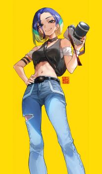 1girl bare_shoulders black_choker black_vest blue_hair bob_cut breasts brown_eyes camera choker collarbone crop_top daniel_deng highres holding holding_camera medium_breasts midriff multicolored_hair nintendo off-shoulder_shirt off_shoulder perrin_(pokemon) pokemon pokemon_sv shirt short_hair short_sleeves smile solo vest