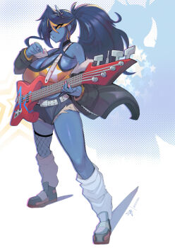 1girl asymmetrical_legwear bare_shoulders belt black_hair blue_background blue_skin breasts colored_sclera colored_skin ear_piercing earrings electric_guitar eyes_visible_through_hair full_body geistbox gradient_background guitar huge_breasts instrument jacket jeans_shorts jewelry leg_warmers long_hair original pandy_(geistbox) piercing polka_dot polka_dot_background ponytail serious shoes shorts sneakers star_(symbol) white_background yellow_eyes yellow_sclera