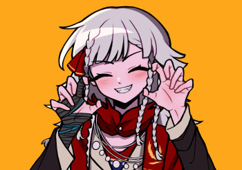 1girl ^_^ black_coat claw_pose closed_eyes coat facing_viewer fangs fingerless_gloves gloves grey_gloves grey_hair grey_jacket grin haihaiera hands_up jacket medium_hair neckerchief quad_braids red_neckerchief red_scarf reverse:1999 rubuska scarf single_fingerless_glove smile solo teeth upper_body yellow_background