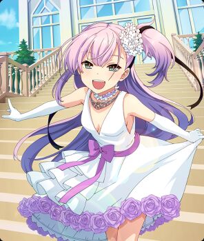 Rule 34 | 1girl, :d, black ribbon, blue sky, blush, bow, breasts, building, choker, cloud, cowboy shot, day, dot nose, dress, elbow gloves, flower, frilled choker, frills, game cg, gloves, green eyes, hair flower, hair ornament, hair ribbon, leaning forward, long hair, looking at viewer, neck garter, official art, open mouth, outdoors, outstretched arms, purple bow, purple choker, purple flower, purple hair, purple ribbon, purple rose, railing, red pupils, ribbon, rose, short side pon, short side ponytail, sideboob, single sidelock, skirt hold, sky, small breasts, smile, solo, spread arms, stairs, teeth, third-party source, toji no miko, toji no miko: kizamishi issen no tomoshibi, tree, tsubakuro yume, upper teeth only, white dress, white flower, white gloves