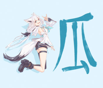 1girl absurdres ahoge animal_ear_fluff animal_ear_piercing animal_ears aqua_eyes bare_shoulders black_boots black_ribbon black_shorts black_tail black_thighhighs blue_background blue_neckerchief boots braid commentary_request crossed_bangs detached_sleeves double-parted_bangs earrings extra_ears fox_ears fox_girl fox_shadow_puppet fox_tail front_slit full_body hair_between_eyes hair_ribbon hand_up highres hololive hood hooded_vest hoodie hyde_(tabakko) jewelry kanji_focus long_hair looking_at_viewer low-tied_long_hair low_ponytail multicolored_tail navel neckerchief pentagram ponytail ribbon sailor_collar shirakami_fubuki shirakami_fubuki_(1st_costume) short_shorts shorts side_braid sidelocks simple_background single_braid single_earring single_thighhigh solo tail thigh_strap thighhighs vest virtual_youtuber white_hair white_hoodie white_sleeves white_tail wide_sleeves