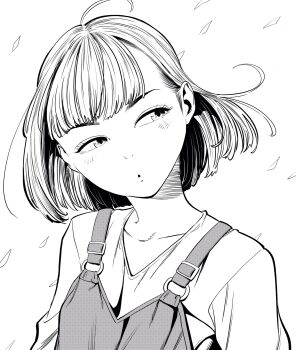 1girl :o ahoge bob_cut collarbone commentary_request eyelashes greyscale hair_behind_ear hatching_(texture) head_tilt highres lee_(dragon_garou) light_blush monochrome original overalls petals portrait profile sideburns solo