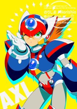 Rule 34 | 1boy, android, armor, axl (mega man), black armor, black helmet, brown hair, character name, chest jewel, cowboy shot, cross scar, forehead jewel, green eyes, helmet, highres, long hair, male focus, mega man (series), mega man x (series), no-rishio, one eye closed, red helmet, scar, scar on face, shoulder armor, simple background, solo, spiked hair, yellow background