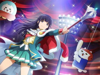 Rule 34 | 1girl, ascot, blunt bangs, blunt ends, closed mouth, dutch angle, fur-trimmed jacket, fur trim, game cg, green jacket, green skirt, holding, holding mace, holding weapon, jacket, long hair, long sleeves, looking at viewer, mace, official art, red jacket, shoujo kageki revue starlight, shoujo kageki revue starlight -re live-, skirt, smile, solo, sparkle, stadium lights, standing, suzudaru cat, tsuyuzaki mahiru, weapon, white ascot