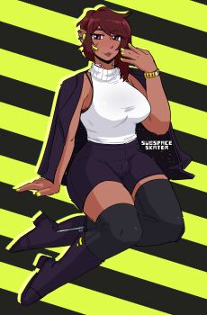 Rule 34 | 1girl, absurdres, artist name, bailey (model employee), black jacket, black shorts, black thighhighs, boots, breasts, brown eyes, brown hair, commentary, dark-skinned female, dark skin, earpiece, english commentary, hand up, highres, jacket, knee boots, lipstick, makeup, medium breasts, medium hair, model employee (nth circle), shirt, shorts, sitting, sleeveless, sleeveless shirt, solo, striped background, subspaceskater, thighhighs, watch, white shirt, wristwatch, yellow nails, zipper