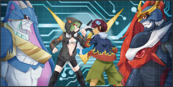 bikini bikini_top_only breasts digimon digimon_adventure_02 digimon_world_re:digitize digimon_world_re:digitize_decode goggles goggles_around_neck hood hoodie imperialdramon imperialdramon_fighter_mode motomiya_daisuke shinomiya_rina ulforcev-dramon