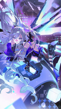 1girl asymmetrical_gloves bare_shoulders black_gloves boots caicaicaicai_ni_caicai chinese_commentary clenched_teeth commentary_request drill_hair fingerless_gloves fishnet_socks fishnets floating_hair gauntlets gloves grey_eyes grey_hair hair_between_eyes hand_up handheld_game_console high_heels highres honkai:_star_rail honkai_(series) jacket long_hair looking_at_viewer mismatched_gloves off_shoulder open_clothes open_jacket shirt short_sleeves silver_wolf_(honkai:_star_rail) silver_wolf_(lv.999)_(honkai:_star_rail) smile socks solo teeth very_long_hair white_shirt