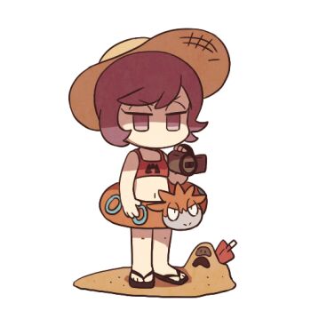 1girl alternate_costume black_sandals camerupt chibi commentary courtney_(pokemon) gen_3_pokemon gen_7_pokemon hat holding lifebuoy logo lowres nintendo no_mouth pokemon pokemon_oras purple_eyes purple_hair sand sandals sandygast simple_background solo ssalbulre standing swim_ring team_magma themed_object toes video_camera white_background yellow_hat