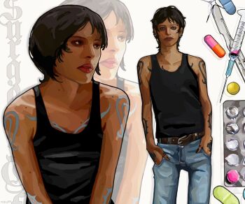 1girl alternate_costume arm_tattoo belt black_hair black_tank_top blister_pack breasts brown_belt brown_eyes chest_tattoo collarbone denim finger_tattoo hand_tattoo hands_in_pockets highres jeans law-chan looking_to_the_side mole mole_on_arm mole_on_breast mole_on_collarbone mole_on_forehead mole_on_neck mole_on_nose mole_on_shoulder mole_under_eye multiple_views one_piece pants pill pill_background pixie_cut rabu99 sitting standing syringe tan tank_top tattoo thick_lips trafalgar_law white_background zoom_layer
