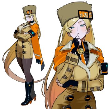 1girl absurdres black_boots black_gloves black_pantyhose boots breasts brown_coat brown_hat coat dress fingerless_gloves fur_hat gloves guilty_gear hat high-waist_skirt highres large_breasts long_hair looking_at_viewer looking_to_the_side millia_rage pantyhose papakha russian_clothes skirt solo standing teeth very_long_hair zeon_(zzeeonn)