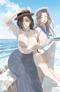 2girls adjusting_clothes adjusting_headwear arm_up barefoot black_bow black_bra black_hair blue_sailor_collar blue_skirt blue_sky blush bow bra bra_peek brown_hair brown_hat closed_eyes closed_mouth cloud commentary_request day dress hair_over_one_eye happy hat hat_bow highres long_hair long_skirt looking_at_viewer multiple_girls ocean original sailor_collar sailor_dress skirt sky smile throtem underwear white_hat
