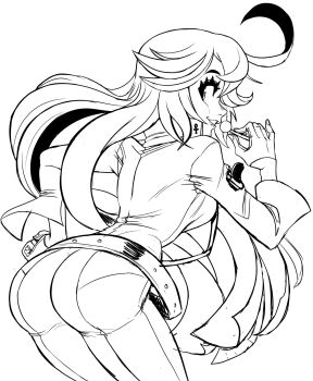 1girl ankh ass belt breasts butt_crack_outline candy food gluteal_fold guilty_gear hand_on_own_hip highres jack-o&#039;_valentine jumpsuit lollipop long_hair looking_at_breasts sketch skin_tight solo straight_hair teevo