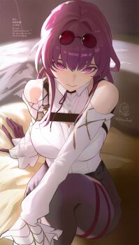 1girl absurdres black_shorts blush breasts collared_shirt dress_shirt eyewear_on_head gloves high-waist_shorts highres honkai:_star_rail honkai_(series) kafka_(honkai:_star_rail) large_breasts long_hair long_sleeves looking_at_viewer pantyhose pantyhose_under_shorts ponytail purple_eyes purple_gloves purple_hair purple_pantyhose round_eyewear shiro_font shirt shorts sidelocks sitting smile solo sunglasses thighs white_shirt