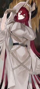 1girl :| absurdres arknights ascalon_(arknights) ascalon_(phototaxis)_(arknights) breasts closed_mouth commentary dress flower gloves hair_between_eyes highres horns huge_breasts kajuu long_hair long_sleeves looking_at_viewer official_alternate_costume red_hair strap sunflower veil very_long_hair white_dress white_gloves white_veil wide_sleeves yellow_eyes