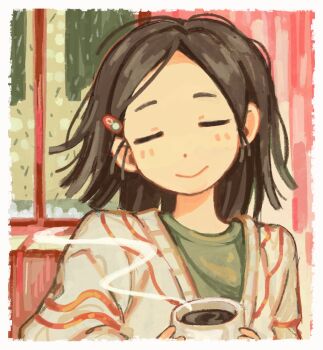 1girl apron blush_stickers brown_hair closed_eyes closed_mouth coffee commentary cup green_shirt hair_ornament hairclip highres kara_mi_so original painting_(medium) shirt short_hair smile solo striped_clothes striped_shirt symbol-only_commentary traditional_media upper_body watercolor_(medium)