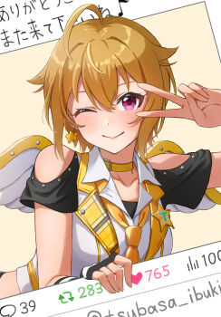 Rule 34 | 1girl, ;), absurdres, ahoge, blonde hair, blush, character name, clothing cutout, collarbone, commentary request, earrings, fake wings, hair flaps, highres, ibuki tsubasa, idolmaster, idolmaster million live!, idolmaster million live! theater days, jewelry, looking at viewer, one eye closed, open collar, pink eyes, pirarucu imas, short hair, shoulder cutout, smile, social network, solo, star (symbol), star earrings, twitter, v, v over eye, white wings, wings