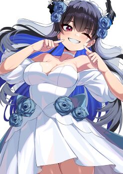 Rule 34 | 1girl, absurdres, bare shoulders, black hair, black horns, blue flower, blue hair, blue rose, breasts, choker, cleavage, demon horns, dress, flower, grin, hair flower, hair ornament, haku rege, highres, hololive, hololive english, horns, medium breasts, mole, mole under eye, multicolored hair, nerissa ravencroft, one eye closed, pointing at mouth, red eyes, rose, short dress, simple background, smile, solo, two-tone hair, virtual youtuber, white background, white choker, white dress
