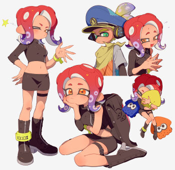 1boy 1girl absurdres agent_3_(splatoon) agent_8_(splatoon) anklet arm_under_breasts backpack bag behind-the-head_headphones black_bag black_boots black_shirt black_skirt blonde_hair blue_hat boots breasts crop_top fingernails flying_sweatdrops gradient_hair green_eyes grey_shirt groin hand_on_own_chin hand_on_own_hip hat headphones highres holding holding_stuffed_toy inkling jewelry layered_sleeves long_sleeves looking_at_viewer medium_hair midriff multicolored_hair multiple_views navel nintendo octoling one_eye_closed orange_eyes parted_bangs patchwork_clothes peaked_cap pencil_skirt purple_hair red_hair sharp_fingernails shirt short_over_long_sleeves short_sleeves single_sleeve sitting skirt splatoon_(series) splatoon_2 splatoon_2:_octo_expansion splatoon_3 stuffed_squid stuffed_toy surume01417 tentacle_hair thigh_strap topknot wristband zipper zipper_pull_tab