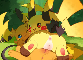 2boys :3 absurdres animal_ears anus ass blue_eyes blush closed_mouth fang female_focus flong furry furry_female furry_with_furry gen_1_pokemon highres looking_at_viewer looking_back lying mega_pokemon mega_raichu_x mega_raichu_y multiple_boys multiple_tails nintendo on_back one_eye_closed open_mouth outdoors pokemon pokemon_(creature) pussy pussy_juice raichu red_eyes spread_legs tail tribadism uncensored yuri
