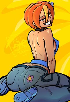 1girl artist_request ass bare_shoulders breasts butterfly_(planetronika) denim from_side hair_ornament huge_ass jeans large_breasts leaning leaning_forward looking_at_viewer looking_back motion_lines multicolored_hair naughty_face open_mouth orange_background orange_hair pants planetronika red_eyes red_hair seductive_gaze shoes short_hair sideboob sitting smile sneakers solo thick_thighs thighhighs thighs two-tone_hair