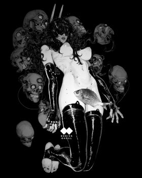 1girl arms_at_sides artist_logo artist_name black_background body_piercings breasts breasts_apart closed_mouth commentary convenient_censoring elbow_gloves english_commentary feet fingerless_gloves fingernails fish floating floating_hair flying_fish from_below full_body gloves godiva_ghoul greyscale hair_between_breasts hair_over_eyes hair_over_shoulder highres holding holding_skull horns jewelry large_breasts legs_together lips lipstick logo long_hair makeup mole monochrome multiple_moles navel nipples nostrils nude open_hand original pointy_breasts simple_background single_long_fingernail skull solo spiked_knuckles stirrup_legwear teeth thighhighs toe_ring toeless_legwear toenails toes very_long_hair wavy_hair