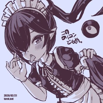 1girl alternate_costume apron backbeako_(torotei) backbeard blue_thighhighs blush clothes_lift commentary dated dated_commentary dress dress_lift dutch_angle enmaided fellatio_gesture frills gegege_no_kitarou gloves hair_over_one_eye kono_lolicon_domome long_hair looking_at_viewer maid maid_apron maid_headdress monochrome neck_ribbon open_mouth original paid_reward_available pointy_ears puffy_short_sleeves puffy_sleeves ribbon short_sleeves simple_background solo thighhighs tongue tongue_out torotei translated twintails upper_body watermark web_address white_background