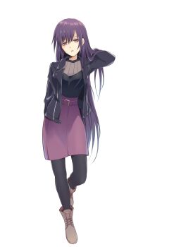 1girl absurdres adjusting_hair black_jacket black_pantyhose boots dark_persona date_a_live expressionless female_focus hair_between_eyes highres jacket kyoraku_(weng3133) lace-up_boots long_hair looking_at_viewer pantyhose parted_lips purple_skirt simple_background skirt solo very_long_hair white_background yatogami_tohka yatogami_tohka_(true_form)