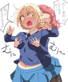 2girls black_pantyhose blonde_hair blue_eyes blush braid breasts closed_eyes darjeeling_(girls_und_panzer) girls_und_panzer grabbing_another&#039;s_breast grabbing_from_behind groping highres jinguu_(4839ms) large_breasts multiple_girls navel open_mouth pantyhose red_hair rosehip_(girls_und_panzer) school_uniform short_hair simple_background st._gloriana&#039;s_school_uniform white_background yuri