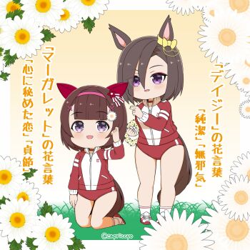 2girls :d air_groove_(umamusume) animal_ears blush bow brown_hair buruma capriccyo commentary_request ear_bow eyes_visible_through_hair flower flower_wreath gym_shirt gym_uniform hair_flower hair_ornament hair_over_one_eye hairband hairclip highres horse_ears horse_girl horse_tail jacket kneeling multiple_girls nishino_flower_(umamusume) open_mouth pink_hairband purple_eyes red_buruma red_jacket shirt shoes short_hair smile socks standing tail track_jacket translation_request twitter_username umamusume white_flower white_shirt white_shoes white_socks x_hair_ornament yellow_bow