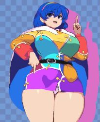 1girl :d animated arm_up belt belt_pouch blue_cape blue_eyes blue_hair breasts cape closed_mouth collared_cape cowboy_shot dress hairband index_finger_raised large_breasts long_sleeves looking_at_viewer multicolored_dress multicolored_hairband namako_daibakuhatsu open_mouth orange_sleeves panties pantyshot patchwork_clothes pointing pointing_down pointing_up pouch rainbow_gradient rainbow_hairband sack short_dress short_hair smile solo standing tenkyuu_chimata thick_thighs thighs touhou two-sided_cape two-sided_fabric unconnected_marketeers underwear video white_cape white_panties