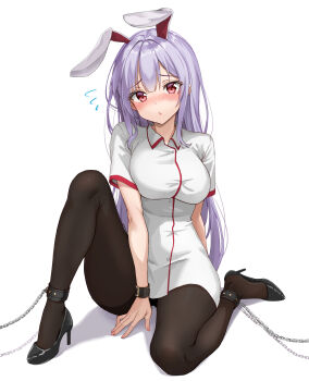 1girl alternate_costume amagi_(amagi626) animal_ears arm_behind_back between_legs black_panties black_pantyhose blunt_bangs blush breasts buttons chain collared_dress cuffs dress eyelashes feet flying_sweatdrops furrowed_brow garter_straps hair_intakes hand_between_legs high_heels highres knee_up large_breasts legs long_hair looking_at_viewer nervous nurse open_mouth panties pantyhose purple_hair rabbit_ears rabbit_girl red_eyes reisen_udongein_inaba restrained shackles short_dress short_sleeves sidelocks simple_background sitting smile solo speech_bubble straight_hair sweatdrop thighs tiptoes toenails toes touhou underwear variant_set very_long_hair white_background white_dress wrist_cuffs