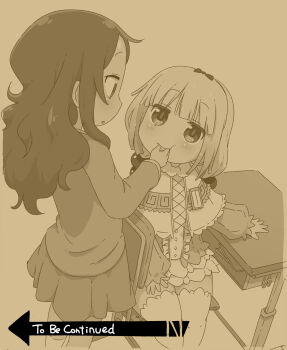 2girls beads biting biting_another&#039;s_hand biting_finger bow child desk dress finger_in_another&#039;s_mouth green_shirt hair_beads hair_bow hair_ornament hand_on_own_thigh highres kanna_kamui kobayashi-san_chi_no_maidragon long_hair long_sleeves looking_at_another meme monochrome multiple_girls puffy_sleeves saikawa_riko samansa_ex school_desk shirt short_hair skirt socks sphere_hair_ornament thighhighs to_be_continued