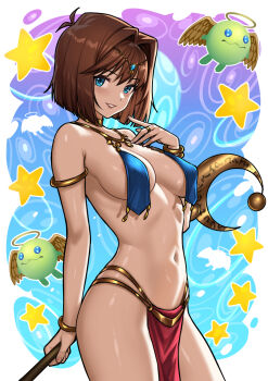 1girl ancient_egyptian_clothes armlet blue_eyes blush border bracelet breast_curtains breasts brown_hair cosplay cowboy_shot duel_monster gold_armlet gold_bracelet gold_collar halo highres holding holding_staff jewelry looking_at_viewer magician_of_faith magician_of_faith_(cosplay) mazaki_anzu medium_breasts navel pelvic_curtain redjet revealing_clothes shining_friendship short_hair smile staff standing star_(symbol) white_border yu-gi-oh! yu-gi-oh!_duel_monsters