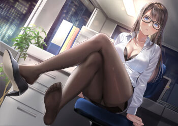 1girl :o ass binder black_pantyhose blue_eyes blush bra breasts brown_hair building chair cleavage collared_shirt commentary_request crossed_legs desk drawer dress_shirt dutch_angle feet female_focus fluorescent_lamp foot_focus from_below frown glasses high_heels long_hair looking_at_viewer medium_breasts miniskirt night office_chair office_lady on_chair open_clothes open_shirt original pantyhose plant sakamuke screen shirt shoe_dangle shoes single_shoe sitting skirt sky skyscraper soles solo sticky_note swivel_chair teeth thighs underwear white_shirt window
